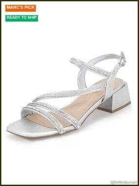 Rhinestone Strappy Slingback Low Block Heel Sandals Size 8